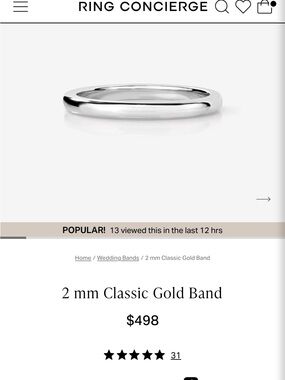 Ring Concierge 14k solid White Gold 2mm Classic Band